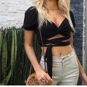 Black tie front crop top